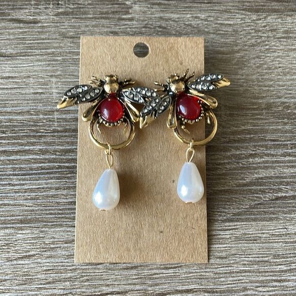 Red Bee Drop Earrings N1039 - Picture 2 of 3